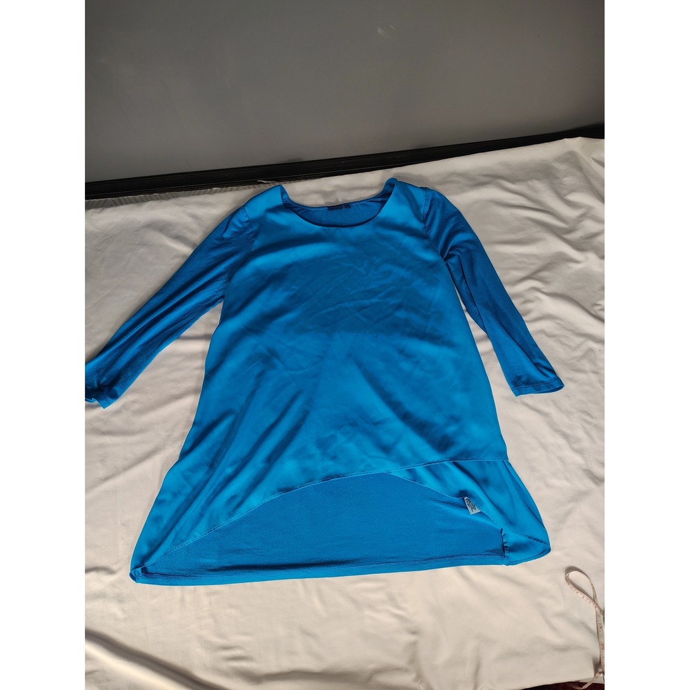 Kaari Blue Womens Long Sleeve‎ High Low Tunic Top Blue Small Mixed Media Mixed